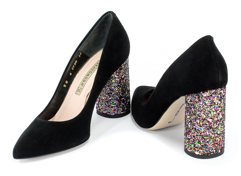 Czółenka Bravo Moda 1738 Czar Zamsz+Glitter Czarny Skóra