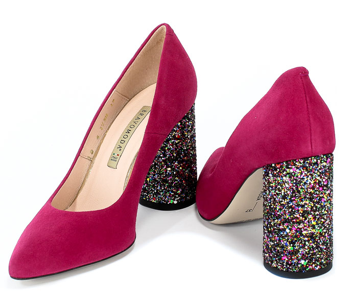 Czółenka Bravo Moda 1738 Fuksja Zamsz+Glitter Różowy Skóra