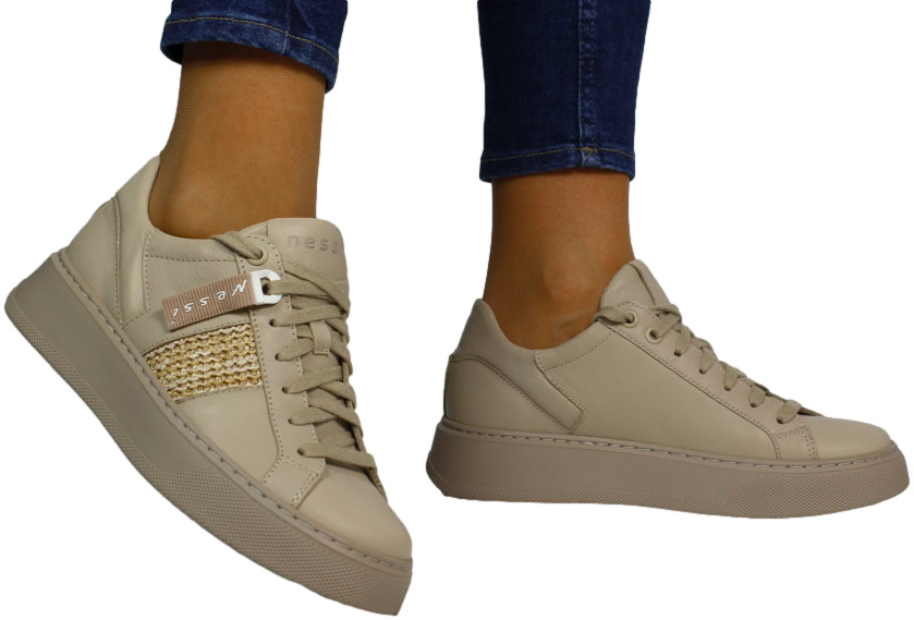 Sneakersy Nessi 23550 Beż Siatka Skóra Naturalna