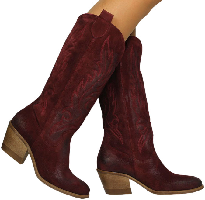 Kowbojki Stylowe Exquisite 1659 Bordo Welur Skóra Naturalna