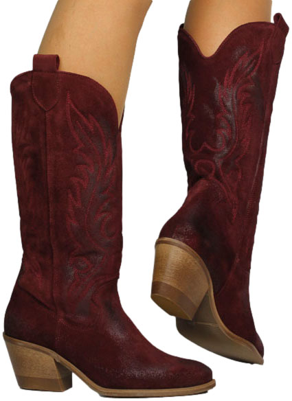 Kowbojki Stylowe Exquisite 1659 Bordo Welur Skóra Naturalna