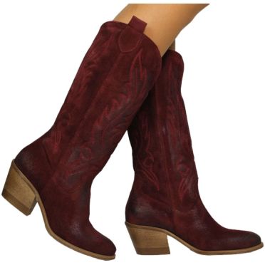 Kowbojki Stylowe Exquisite 1659 Bordo Welur Skóra Naturalna