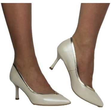 Szpilki Eleganckie Prestige 2262/SZP Beż Perła Zł.Lico Skóra Naturalna